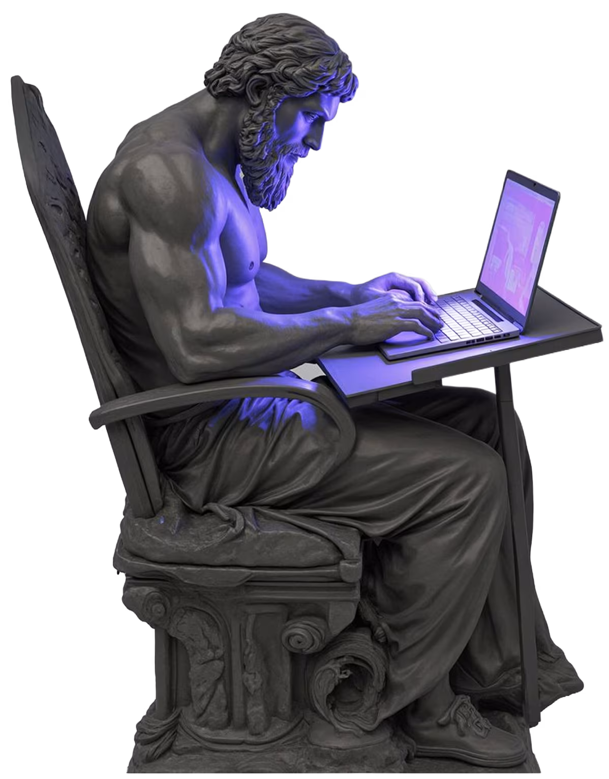 Classical statue using a laptop