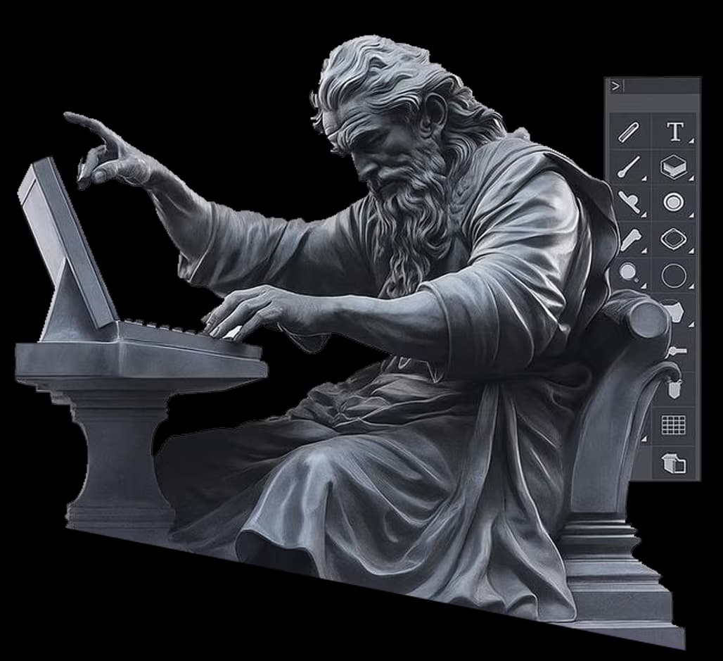 Classical statue at a creative console